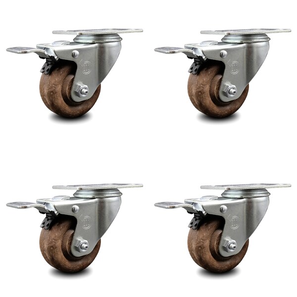 3 Inch High Temp Glass Filled Nylon Top Plate Caster Set with Total Lock Brake